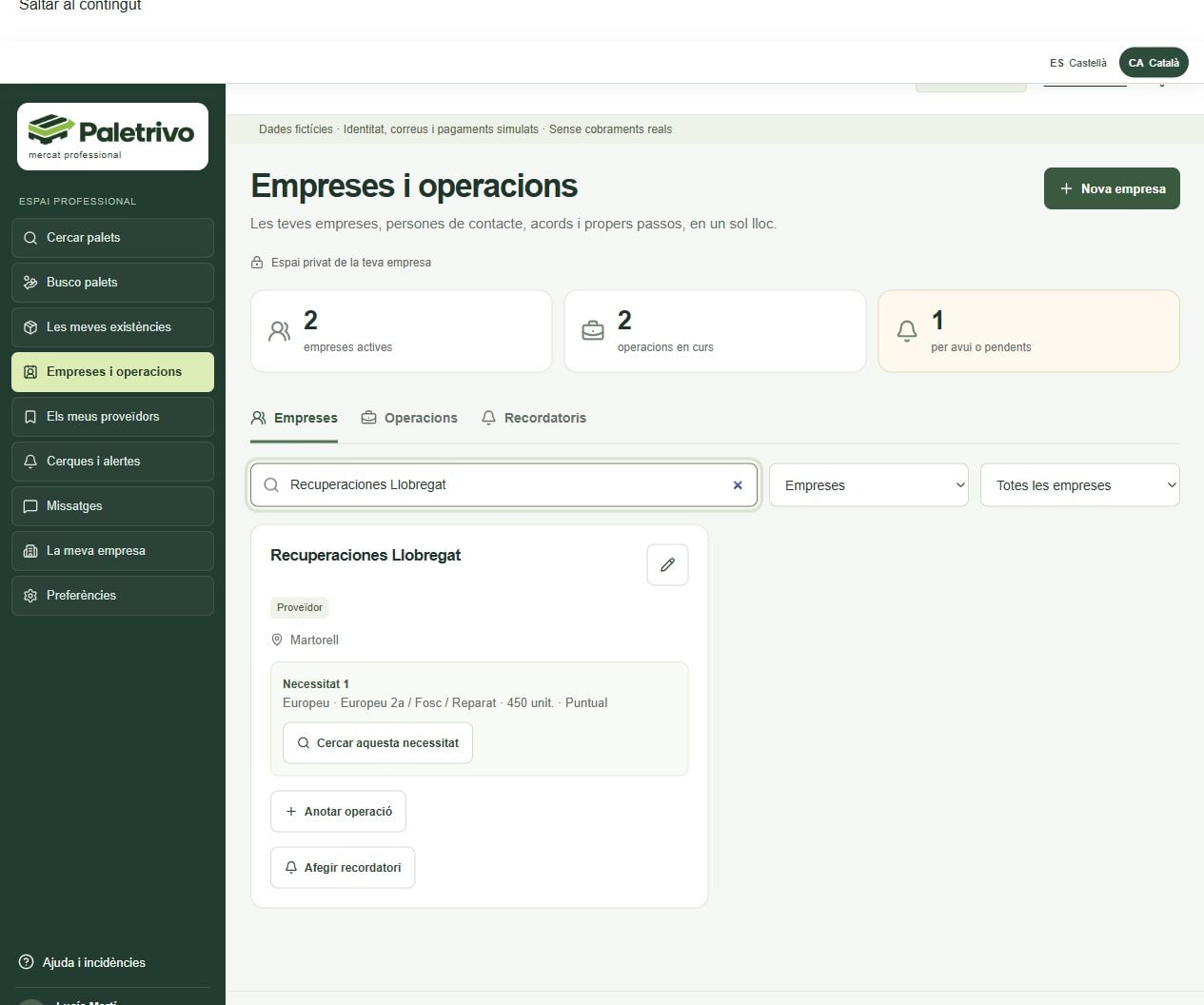 Empreses i operacions de Paletrivo amb una empresa fictícia i les seves necessitats habituals de palets