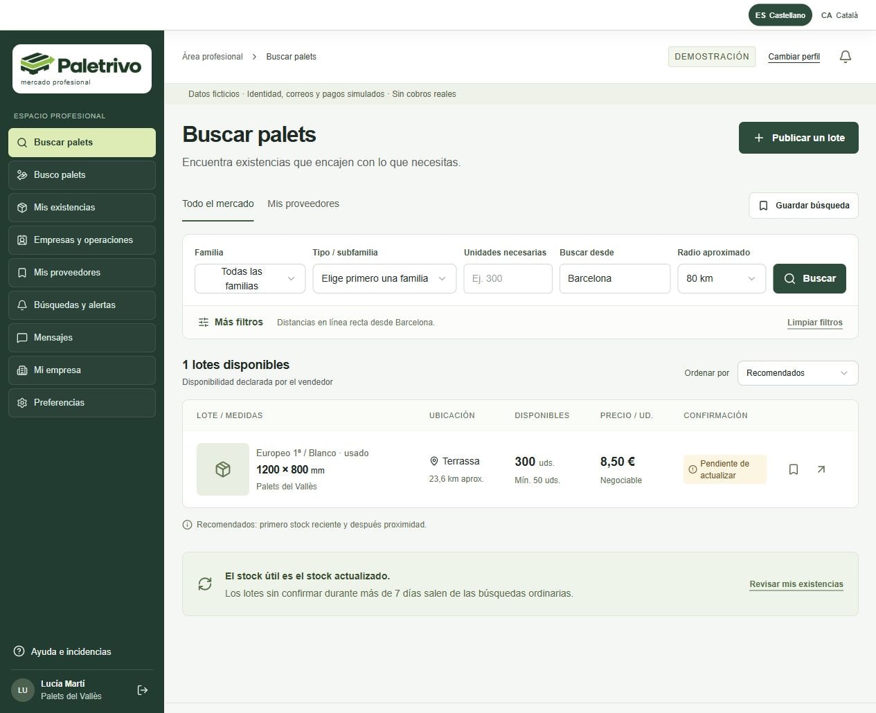 Buscador de lotes de Paletrivo con filtros de familia, tipo y zona y anuncios de demostración