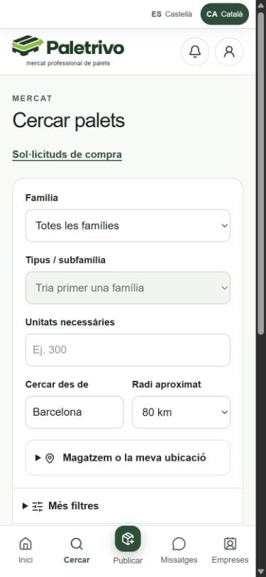 Paletrivo en un telèfon, mostrant la cerca de lots amb dades fictícies